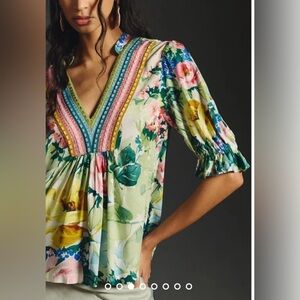 Anthro x Bl-nk Stephanie green pink floral V-Neck Babydoll Blouse top - M